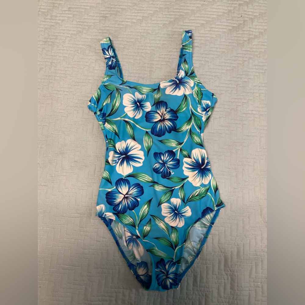 Ladies Lands End Women’s/long 12 Blue Floral  One Piece Swimsuit
